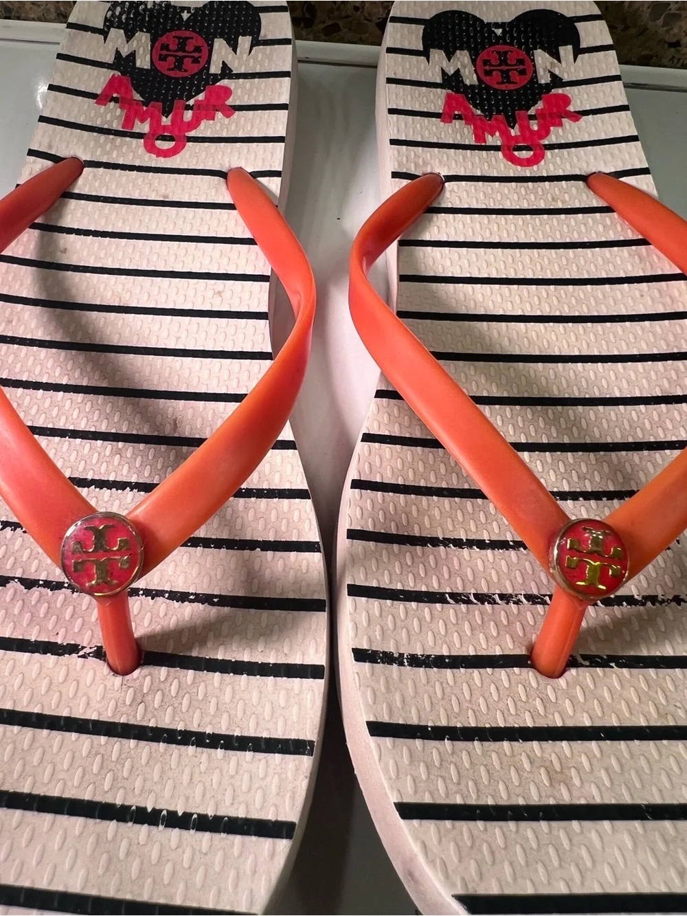 Tory Burch Orange-Strap Striped 'Mon Amour' Flip Flops Women’s Size 10